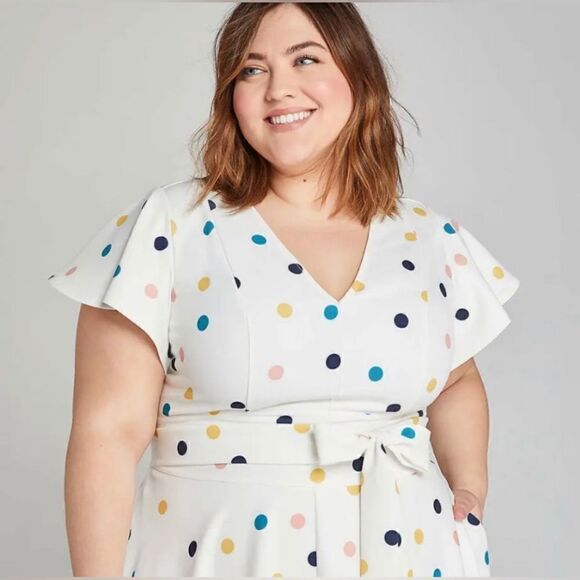 Lane Bryant Off white colorful polka dots high low belted dress sz 20 - Picture 4 of 14